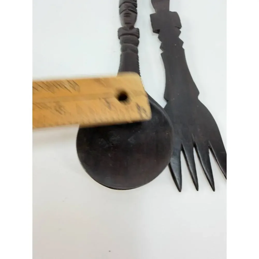 Vintage Hand Carved Wood Salad Serving Set Spoon Fork African Tribal Style